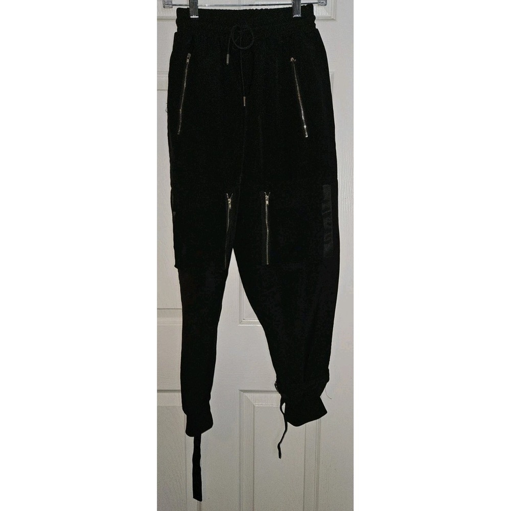 Meinvqiaoti Jogger Cargo Pants Size S Black Zip Pockets Belted Ankle Goth Punk‎